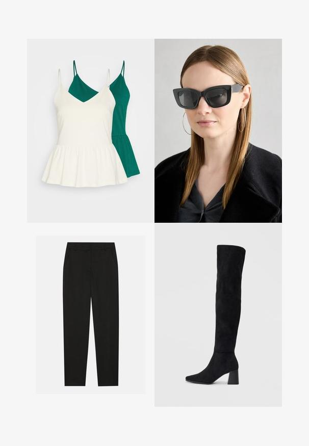 Two camisole tops in green and white. The white top has a v-neck and a peplum hem, while the green top features a straight cut. Both are sleeveless.; Black trousers with a tailored design, featuring side pockets and a straight leg. Made from smooth, lightweight fabric with a sleek finish.; Black suede knee-high boot with block heel, pointed toe, and smooth, seamless design on a plain light background.; Black cat-eye sunglasses with dark lenses, thick frames, and subtle accents. Worn with a black coat and gray top, featuring long straight hair.