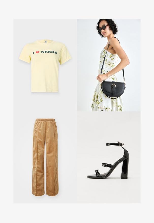 BDG Urban Outfitters BABY TEE - Apdrukāts T-krekls - yellow; Gaiši brūnas platās kājas bikses, kas izgatavotas no mīksta, samtaina materiāla. Iezīmēta ar elastīgu jostu un vertikālām šuvēm gar priekšpusi, lai pievienotu papildu detaļas.; Melnas lakotas augstpapēžu čības ar kvadrāta purngalu, potīšu siksniņām un sudraba sprādzēm. Aprīkotas ar masīvu bloku papēdi stabilitātei.; Melnas ādas rokassoma ar izliekta formu, noņemamu siksnu un zelta aksesuāriem. Somai ir vāciņš ar sprādzes detaļu.