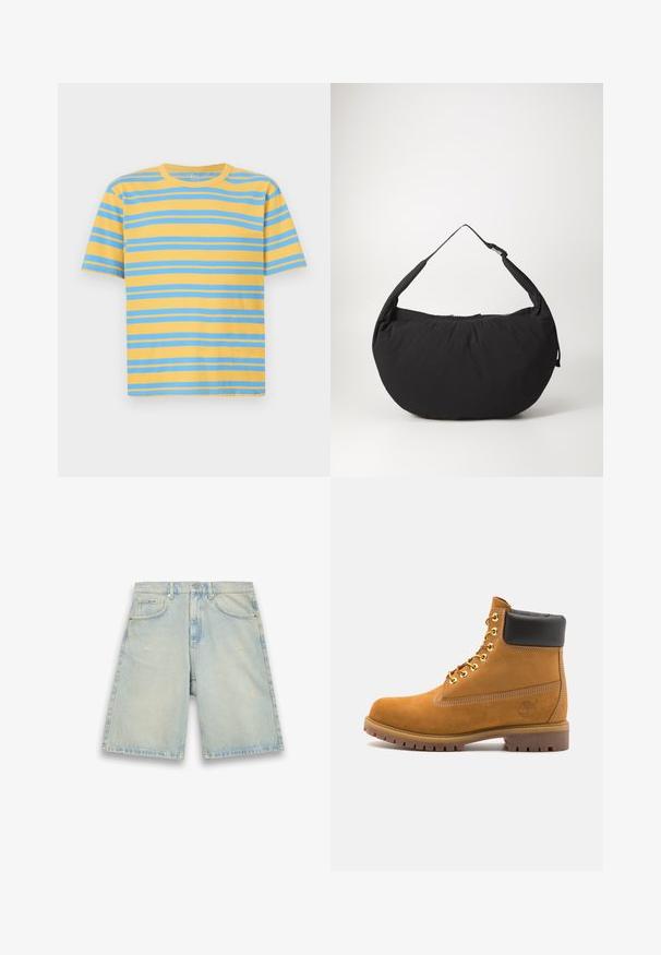 Pruhované tričko v žltej a modrej farbe, vyrobené z bavlny. Má klasický okrúhly výstrih, krátke rukávy a vodorovné pruhy.; Svetlo modré džínsy šortky s voľným strihom, piatimi vreckami, ľahkým opotrebovaním a viditeľným šitím. Obsahujú zapínanie na gombík a zips.; Tyrkysové semišové členkové topánky s čiernym polstrovaným golierom, zlatými kovovými očkami, bielym prešívaním a robustnou gumovou podrážkou s výraznými drážkami.; Čierna tkaninová taška na rameno s zakriveným tvarom, vybavená jedným popruhom a zipsom na uzavieranie. Mäkká textúra, minimalistický dizajn.