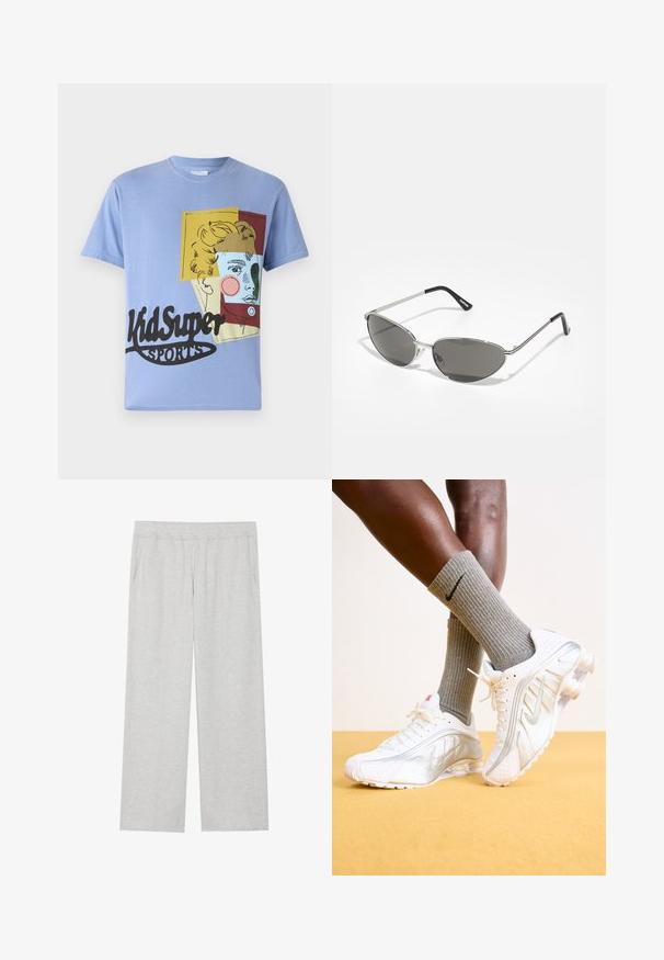 Kidsuper TEE - Print T-shirt - blue; Light gray, wide-leg sweatpants made of soft fabric. Features an elastic waistband and side pockets. Smooth texture with a clean design.; Nike sneakers in white with silver accents, featuring textured panels and perforations. Paired with gray ribbed socks, set against a yellow background.; Sunglasses with a sleek, silver metal frame, gray tinted lenses, and an aerodynamic design featuring pointed edges and thin arms.