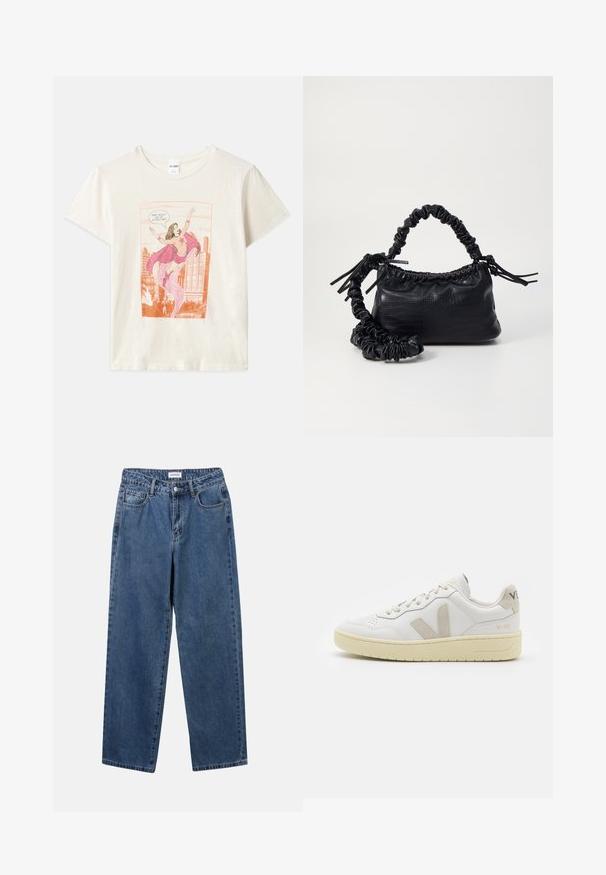 Kremfarget bomull T-skjorte med et tegneserieaktig graphic av en kvinne i en rosa drakt med kappe, omgitt av en bysilhuett i bakgrunnen.; Klassiske blå denimjeans med rett ben-design, fem lommer og knappelukking. Har en middels vask og solid tekstur.; Hvite lær sneakers med beige semsket detaljer, perforert tåboks, flate lisser og en teksturert kremfarget såle. Har subtil branding på hælen.; Svart faux skinn-håndveske med krokodilletekstur, strammet topp og en rynket stropp. Ser myk og kompakt ut i designen.