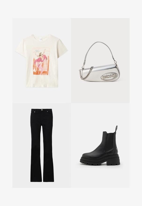 Kreminės spalvos medvilninis marškinėliai su komiksų stiliaus piešiniu, vaizduojančiu moterį rožiniame kostiume su apsiaustu, apsuptą miesto horizontu.; Juodi plačios kojų džinsai, pagaminti iš denimo, turintys dvi priekinės kišenes, užsegimą su mygtuku ir lygią tekstūrą. Išsiuvinėjimas matomas siūlėse.; Juodi Chelsea batai, pagaminti iš lygaus odos, su elastingais šonų paneliais, storu, grotuotu guminio pado ir su traukimo įrankiu gale.; Sidabrinė metalinė rankinė apvalios trikampio formos, su logotipu, grandeline juosta ir lygiu paviršiumi. Užtrauktukas šone.