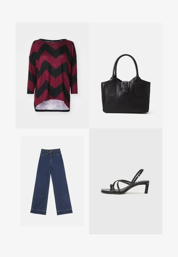 Rotes und schwarzes Übergröße-Hemd mit Chevron-Muster, Bootsausschnitt, dreiviertellangen Ärmeln und einem hohen Rückenteil. Weicher Strickstoff.; Weite Jeans in dunkelblauem Denim. Verfügt über fünf Taschen, Gürtelschlaufen und einen rohen Saum am unteren Ende mit sichtbaren Nahtdetails.; Schwarze Sandale mit Riemchen, quadratischer Zehenform und niedrigem Blockabsatz. Verfügt über mehrere dünne Riemen und einen verstellbaren Knöchelriemen. Hergestellt aus glattem Leder.; Schwarze Leder-Tote mit glatter Textur, strukturiertem Design, zwei Griffen und einem auffälligen silbernen Schnallen-Detail auf der Vorderseite.; Silberner Doppelring mit einer glatten, polierten Oberfläche. Verfügt über ein fließendes, kurviges Design mit überlappenden Abschnitten für einen modernen Look.