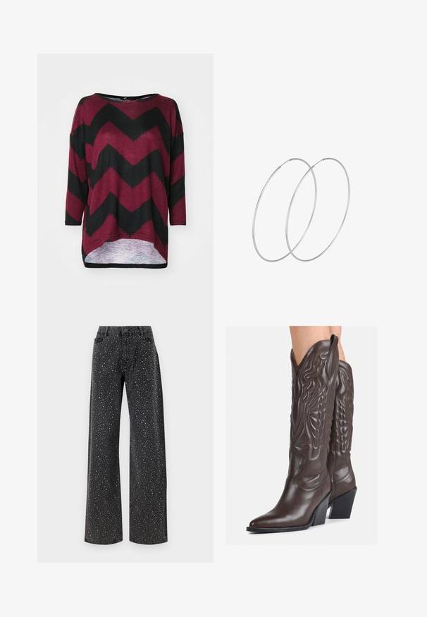 Široka srajca z rdečimi in črnimi chevron vzorci, z ladijskim izrezom, rokavi dolžine tri četrtine in dizajnom z višjo zadnjo stranjo. Narejena iz mehke pletenine.; Noisy May NMJANNEL LOOSE - Široke kavbojke - black denim; Rjave usnjene kavbojske čevlje z ostrim nosom in blok peto, ki vsebujejo podrobno šivanje in dvignjene dodatke na zgornjem delu.; Srebrne uhane v obliki obroča z minimalističnim dizajnom. Krožna oblika, gladka tekstura in tanek profil. Lahki s poliranim zaključkom.