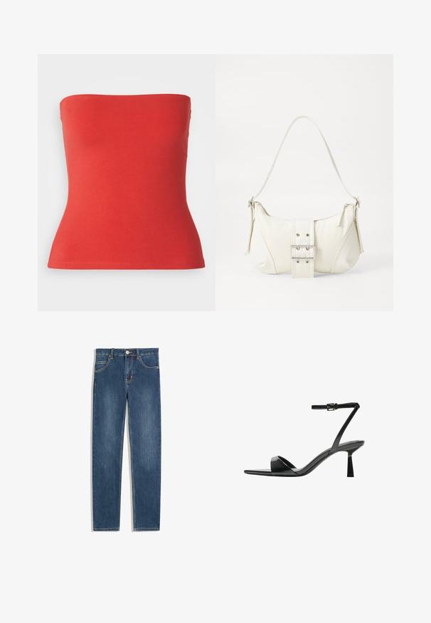 Red strapless top made of soft cotton blend, featuring a fitted bodice and a straight neckline, with a smooth texture and elastic hem.; Dark blue denim jeans with a straight fit, five pockets, subtle stitching detail, and a metal button at the waist.; Bershka High heeled sandals - black; White shoulder bag with a textured finish, a central buckle accent, and a curved shape. Zipper closures on both sides.