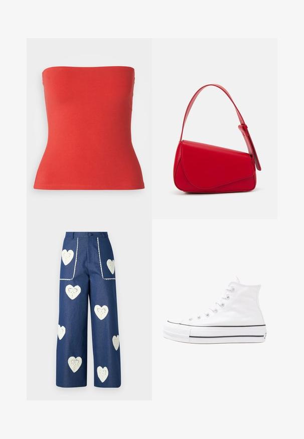 Červený top bez ramínek vyrobený z měkké bavlněné směsi, se zpevněným tělem a rovním výstřihem, s hladkou texturou a elastickým lemem.; Sister Jane HEART TO HEART - Džíny Straight Fit - blue denim; Bílé vysoké plátěné tenisky s černou gumovou podrážkou, přední gumovou špičkou a šesti očky na tkaničky, se čistým, minimalistickým designem.; Červená kožená kabelka s ostrým, geometrickým designem. Má jeden nastavitelný popruh a klopu s prošívanými detaily.
