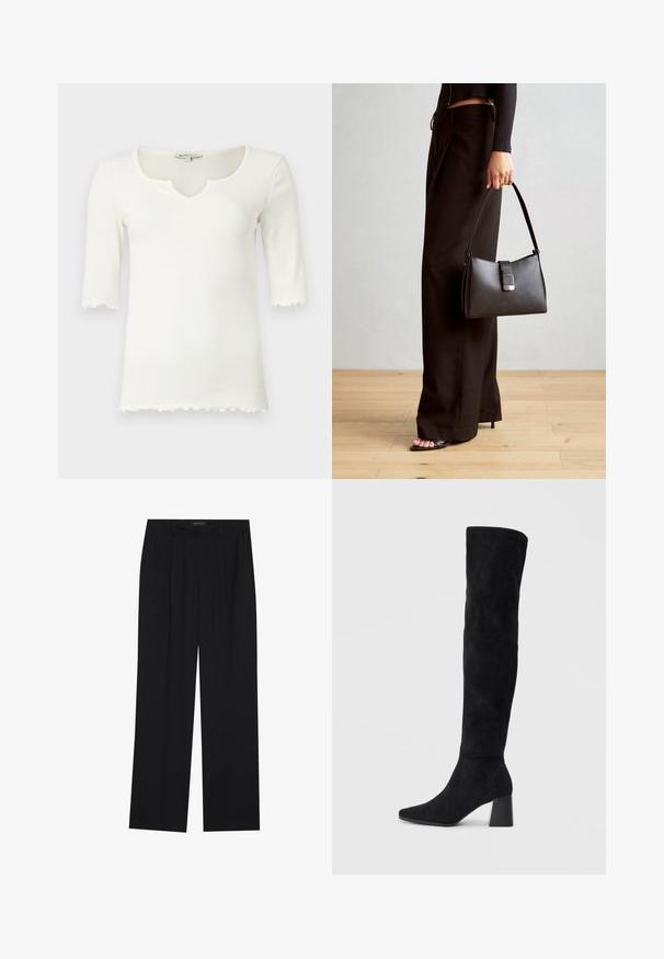 Bílý žebrovaný tričko s širokým výstřihem a krátkými rukávy, které má zvlněný lem. Vyrobeno z měkkého, elastického materiálu.; Černé kalhoty se střihem rovného nohavice, které mají dvě přední kapsy a pas. Vyrobené z hladkého, lehkého materiálu.; Černé semišové vysoké boty s blokovým podpatkem, špičatou špičkou a hladkým, bezšvovým designem na jednoduchém světlém pozadí.; Černá kabelka se strukturovaným tvarem, hladkým povrchem a kovovým uzávěrem. Kombinována s širokými černými kalhotami a sandály s otevřenou špičkou na dřevěné podlaze.