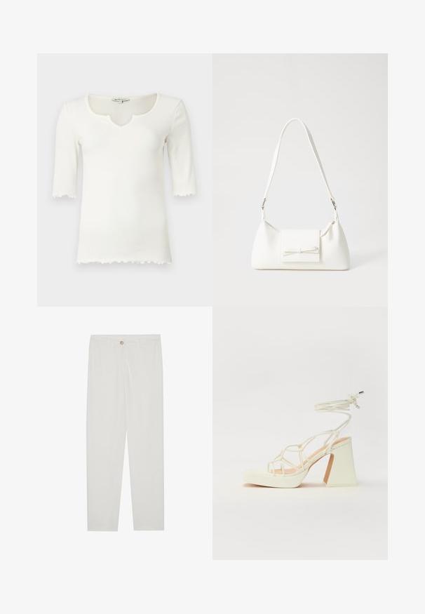 Hvit ripplet t-skjorte med vid nakkekrage og korte ermer, som har en bølget kant. Laget av et mykt, elastisk materiale.; Hvite, skreddersydde bukser med rette ben, med knapplukking, beltehemper og sidelommer; glatt tekstur.; Hvit høyhælte sandal med kraftig hæl, med en stroppe-design og ankelbånd. Glatt tekstur med plattform foran for ekstra høyde.; Hvit syntetisk håndveske med trekantet form, flat klaff foran og sløyfe detaljer, justerbar stropp, glatt tekstur og minimalistisk design.