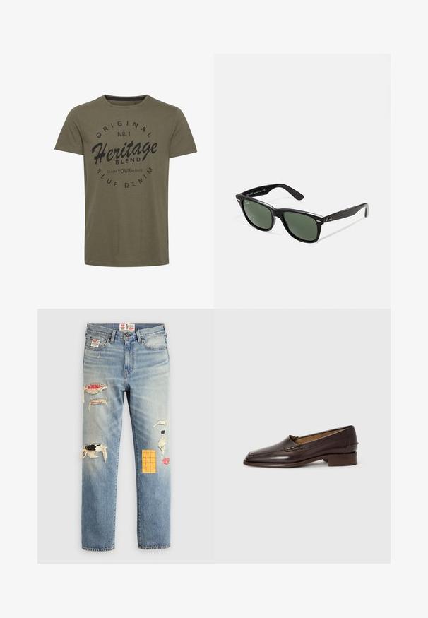 Camiseta de algodón verde oliva con cuello redondo, que presenta texto impreso en negro: "Original No. 1 Heritage Blend Claim Your Rights" en un diseño circular.; Jeans de mezclilla azul claro con un corte relajado, que presentan parches rasgados en varios colores y patrones, incluyendo acentos en naranja y rojo.; Mocasines de cuero marrón con una puntera ligeramente puntiaguda, tacón bajo apilado y costuras decorativas en la parte superior. Textura suave, diseño minimalista.; Gafas de sol de plástico negro con lentes verdes, montura cuadrada, acento plateado en la ceja y brazos texturizados. Marca indicada en el brazo interno.
