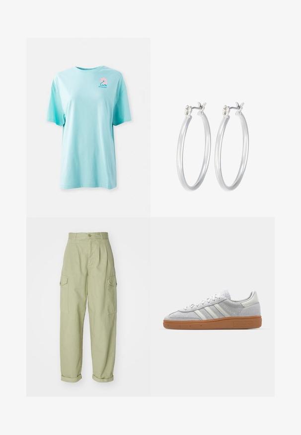 Svijetloplava pamučna majica, kratki rukavi, okrugli izrez. Ima isprintanu ružičastu cvjetnu i logotip na gornjoj lijevoj strani prsnog koša. Mekana tekstura.; Svijetlozelene cargo hlače od pamučne tkanine. Imaju visok struk, uvijene manžete i dva bočna cargo džepa za dodatnu praktičnost.; Svijetlosivi nubuk tenisice s bijelim kožnim detaljima, tri bijele pruge i smeđa gumena potplat, s podstavljenim ovratnikom radi udobnosti.; Srebrne kružne naušnice s glatkom, poliranom površinom. Okrugli oblik i sigurno kopčanje na klik. Lagani dizajn pogodan za svakodnevno nošenje.