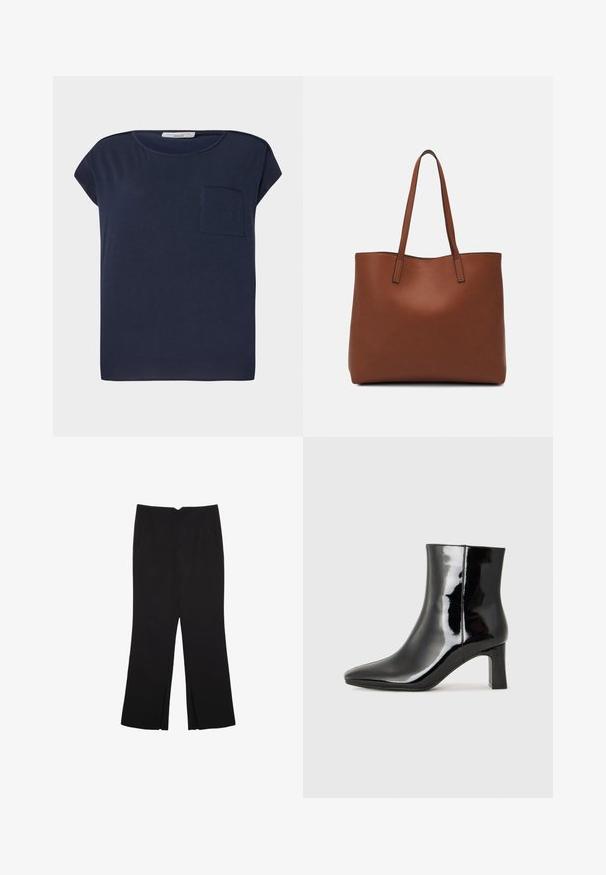 T-paita tummansinisellä värillä, lyhyillä hihoilla ja kevyestä kankaasta valmistettu. Vasemmalla puolella on yksi tasku ja rento leikkaus.; Mustat housut suoralinjaisella leikkauksella, joissa on etutaskut ja sivurei'ät helman alla. Valmistettu pehmeästä ja sileästä kankaasta. Sopii eri tilaisuuksiin.; Musta patenttilakattu nilkkuri, jossa on terävä kärki ja keskipitkä lohkarekorko. Silkkinen pinta ja minimalistinen muotoilu.; Ruskea nahkainen olkalaukku, jossa on sileä pinta, avoin yläosa ja kaksi olkahihnaa. Omaavat vain minimaalisen ompelun eikä näkyvää metalliosaa.