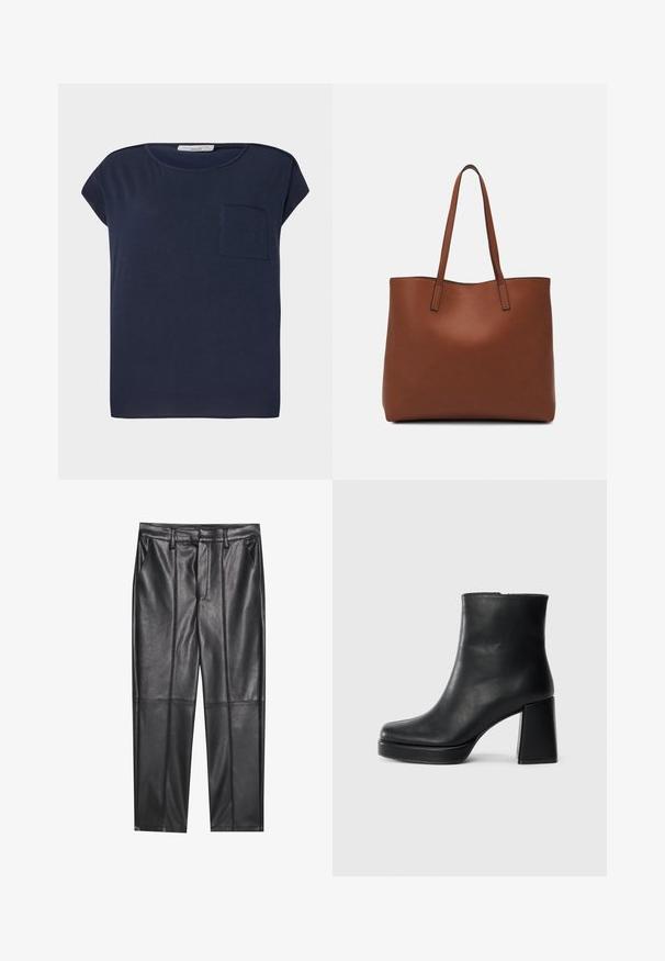 Tumed sinine lühikeste varrukatega T-särk, mis on valmistatud kergest kangast. Sellel on vasakul küljel üks tasku ja lõdva istuvuse disain.; Mustad nahkpüksid sileda tekstuuriga, sirge lõikega, kahe eesmine taskuga ja nähtavate õmblusteta.; Must musta ankle boot, milleplokk-konts ja platvormi tallaga, vaadatud küljelt ühetoonilise valge tausta peal.; Pruun nahast tote-kott, millel on sile tekstuur, avatud ülaosa disain ja kaks õlarihma. Omab minimaalset õmblust ja nähtavat riistvara ei ole.