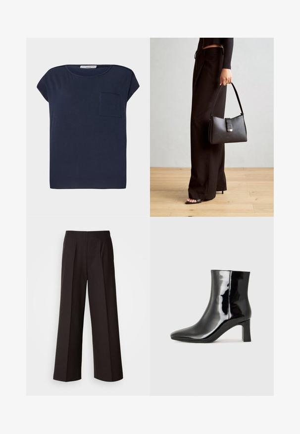 Tamsiai mėlynas trumpomis rankovėmis marškinėliai, pagaminti iš lengvos medžiagos. Su viena kišene kairėje pusėje ir laisvo kirpimo dizainu.; Juodos plačios kojos kelnės su lygiu priekine dalimi, raukiniais ir švelnia medžiagos tekstūra. Yra aukštas liemuo ir pritaikytas kirpimas, užtikrinantis struktūrizuotą prigludimą.; Juodos lakuotos odinės aulinukės su smailiu pirštu ir vidutinio aukščio blokuotu kulnu. Lygus paviršius ir minimalistinis dizainas.; Juodas rankinė struktūrizuota forma, lygi tekstūra ir metalinis užsegimas. Suporuota su plačiomis juodomis kelnėmis ir atvirais bateliais ant medinių grindų.