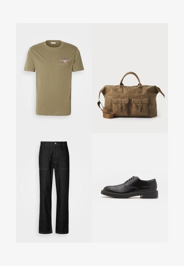T-shirt in cotone verde oliva con maniche corte, collo rotondo, con logo "GANT" a forma di scudo e testo sulla parte sinistra del petto.; Pantaloni in denim nero con gamba dritta, cuciture visibili e chiusura frontale con bottone. Include due tasche laterali e due tasche posteriori.; Scarpa nera in pelle con lacci, punta tonda, texture liscia, cuciture minime e tacco in gomma basso. Logo sul tacco.; Borsa da viaggio in pelle marrone con due tasche frontali, tracolla regolabile, hardware dorato e manici superiori robusti. Texture liscia.