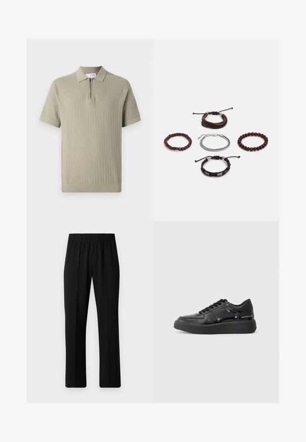 Pletené polo tričko ve světle zelené barvě, s límečkem na zip, krátkými rukávy a vertikální žebrovanou strukturou. Hladká směs bavlny.; Černé kalhoty s elastickým pasem a rovnými nohavicemi, s hladkým povrchem a bez viditelných vzorů nebo kovových doplňků.; Černé kožené tenisky s hladkým povrchem, kulatou špičkou a kontrastní černou gumovou podrážkou. Mají ploché tkaničky a značkování na boku.; Sada pěti náramků obsahující hnědou kůži, dřevěné korálky a stříbrný řetěz; různorodé textury a tvary, s nastavitelnými uzávěry.