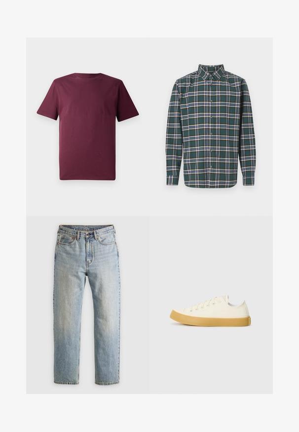 Bordowa koszulka z krótkim rękawem, wykonana z gładkiej bawełny, charakteryzuje się klasycznym okrągłym dekoltem i luźnym krojem, bez widocznych wzorów czy akcentów.; Zielona flanelowa koszula w kratę z niebieskimi, białymi i musztardowymi liniami. Zapięcie na guziki z przodu i spiczasty kołnierzyk. Długie rękawy.; Jasnoniebieskie dżinsy z wysokim stanem, z guzikiem z przodu, zamkiem błyskawicznym i pięcioma kieszeniami, ułożone na płasko na neutralnym tle.; Płócienne sneakersy w odcieniu ecru z okrągłym noskiem, charakteryzujące się beżowymi gumowymi podeszwami i pięcioma otworami na sznurówki, z teksturowanym wykończeniem cholewy.