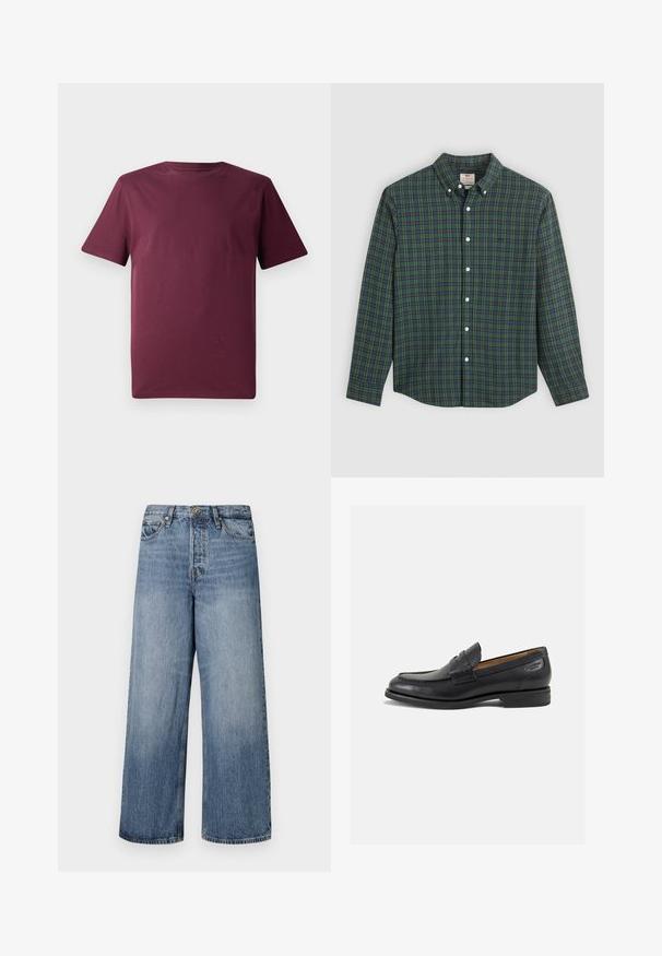 Bordeaux színű, rövid ujjú póló, sima pamut anyagból készült, klasszikus kerek nyakkivágással és laza szabással, látható minták vagy díszítések nélkül.; Hosszú ujjú gombos ing zöld, kék és sárga kockás mintával, fehér gombokkal és gombos gallérral.; Széles lábú kék farmernadrág, elhalványodott mosással, öt zsebbel és gombos zárással. Övhurkokkal és steppelt részletekkel ellátva.; Fekete bőr loaferek sima felülettel, lekerekített orral és díszítő varrással a lábfejen. Alacsony, réteges sarkú és enyhe fényű.
