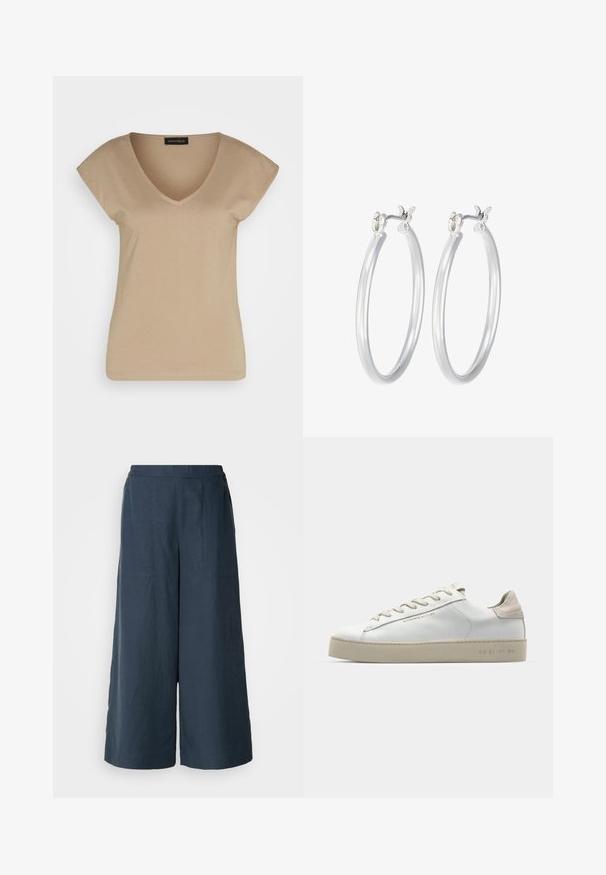 Beige V-neck T-shirt with short sleeves, made of soft material. Features a simple design with no patterns or accents.; Wide-leg trousers in navy blue, made from lightweight fabric. Features a slightly textured surface, elastic waistband, and front seams.; White leather sneaker with a smooth finish, beige suede accents, round toe, flat lace-up design, and a textured rubber sole.; Silver hoop earrings with a smooth, polished finish. Round shape and secure click-top closure. Lightweight design suitable for everyday wear.