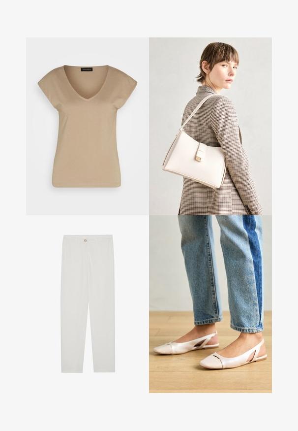 Bežs V-veida T-krekls ar īsām piedurknēm, izgatavots no mīksta materiāla. Iespējo vienkāršu dizainu bez rakstiem vai akcentiem.; Baltas, pielāgots bikses ar taisnu kāju dizainu, ar pogu aizdari, jostu cilpām un sānu kabatām; gluda auduma tekstūra.; Bālti rozā siksniņu dzīvokļi ar smailu purngalu, izgatavoti no gludas ādas līdzīgās materiāla. Iezīmē izgriezumu detaļas sānos un platu papēdi.; Balta ādas rokassoma ar strukturētu dizainu, kurai ir magnētiska aizdare un plecu josta, parādīta uz neitrāla fona.