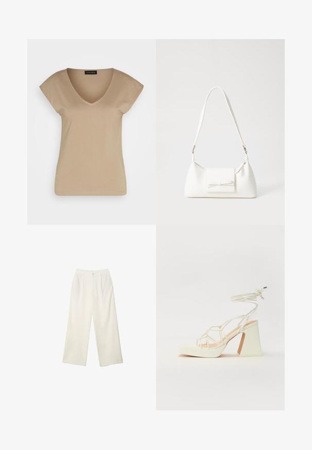T-shirt beige con scollo a V e maniche corte, realizzata in materiale morbido. Presenta un design semplice, senza motivi o dettagli.; Pantaloni a gamba larga in tessuto crema con una texture liscia, caratterizzati da un singolo bottone frontale, pieghe sottili e un design a vita alta.; Sandalo bianco con tacco alto, caratterizzato da un design a cinturini e un legaccio alla caviglia. Texture liscia con una piattaforma frontale per un'altezza aggiuntiva.; Borsa sintetica bianca a forma triangolare, con patta anteriore piatta e dettaglio a fiocco, tracolla regolabile, texture liscia e design minimalista.