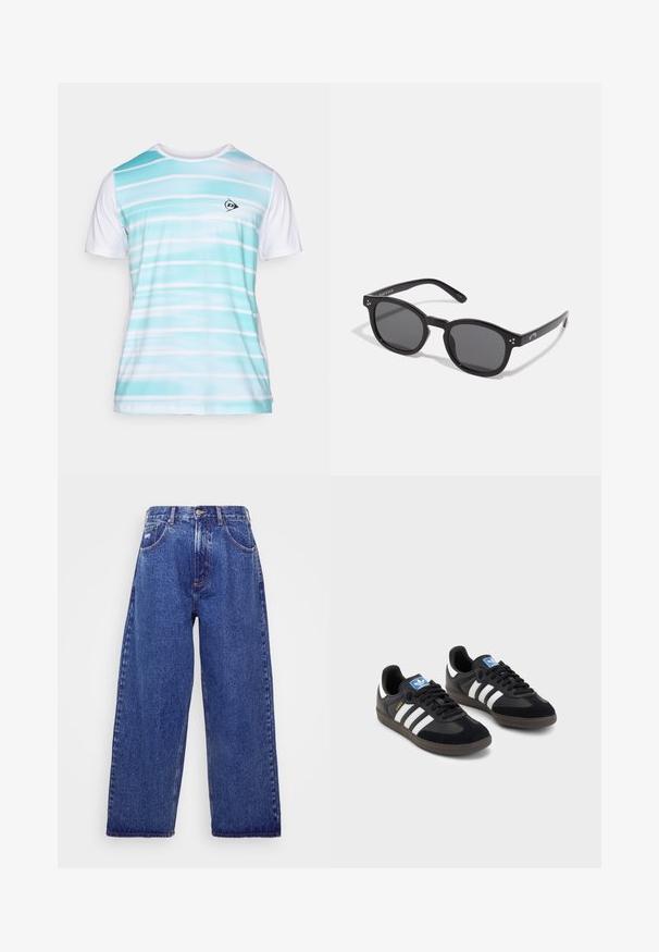 Lichtgewicht kortarm overhemd, voornamelijk wit met een verloop van horizontale turquoise strepen. Heeft een klein zwart logo op de borst.; Wijd gesneden, blauwe denim jeans met een hoge taille, voorzien van vijf zakken, een knoopsluiting en subtiele vervaging voor textuur.; Zwarte sneakers met een bovenwerk van suède en synthetisch materiaal, voorzien van drie witte strepen, een gestructureerde rubberen zool en een blauw logo-label op de tong.; Zwarte ovale zonnebril met donkere lenzen, dikke monturen en zilveren stipaccenten aan de zijkanten. Gladde kunststof materiaal, hedendaags ontwerp.