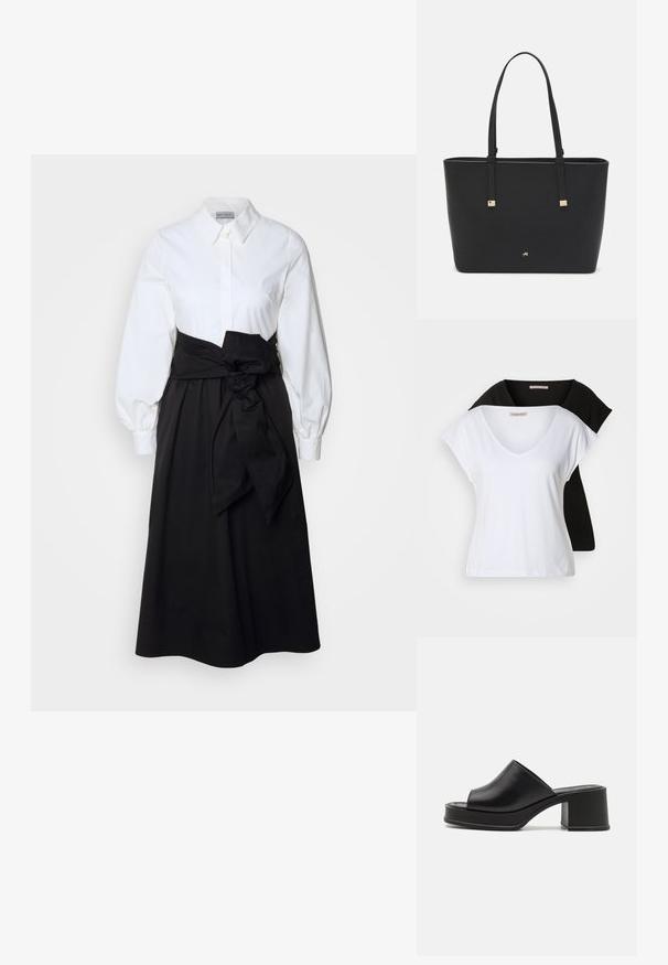 To fitted v-hals t-shirts i hvid og sort, lavet af bomuld. Begge har korte ærmer og en blød, glat tekstur.; Hvid skjorte med lange pufærmer, parret med en sort nederdel og et stoffsnor bundet om taljen, lavet af glat bomuldsstof.; Sorte læder platform sandals med rund åben tå, lav blokhæl og glat tekstur. Minimalistisk design med elegante linjer.; Sort tote bag lavet af syntetisk materiale, med et enkelt rektangulært design, gyldne firkantede detaljer og dobbelt håndtag.