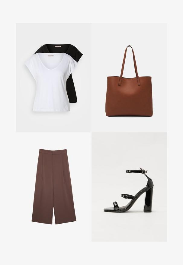 To fitted v-hals t-shirts i hvid og sort, lavet af bomuld. Begge har korte ærmer og en blød, glat tekstur.; Brune bredbunde bukser med en glat tekstur, der har høj talje og plisseringer foran. Stoffet er let og falder løst.; Sorte patenterede hælsandaler med firkantet tå, ankelremme og sølvspænder. Har en chunky blokHæl for stabilitet.; Brun læder tote taske med en glat overflade, åben topdesign og to skulderremme. Har minimal syning og ingen synlig hardware.