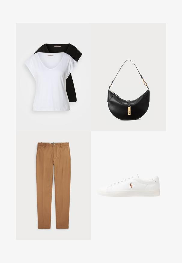 Divas pieguļošas v veida T-kreklis baltā un melnā krāsā, izgatavoti no kokvilnas. Abi ir ar īsām piedurknēm un maigu, gludu tekstūru.; Brūni kokvilnas bikses ar šauru piegriezumu, plakanu priekšpusi un standarta kabatām; gluda tekstūra un apšūti manšetes.; Baltas ādas sporta apavi, zema dizaina, ar gludu tekstūru, noapaļotu purngalu, ar auklēm priekšpusē un nelielu izšūtu logotipu sānos.; Melnas ādas rokas soma pusmēness formas. Iezīmē zelta metāla akcentus un šauru siksniņu. Gluda tekstūra, rāvējslēdzēja aizdare augšpusē.; Zeltītu mezgla auskari ar vērptu dizainu. Katrs auskaru pāris ir aprīkots ar apaļu caurspīdīgu atbalstu drošai nēsāšanai.