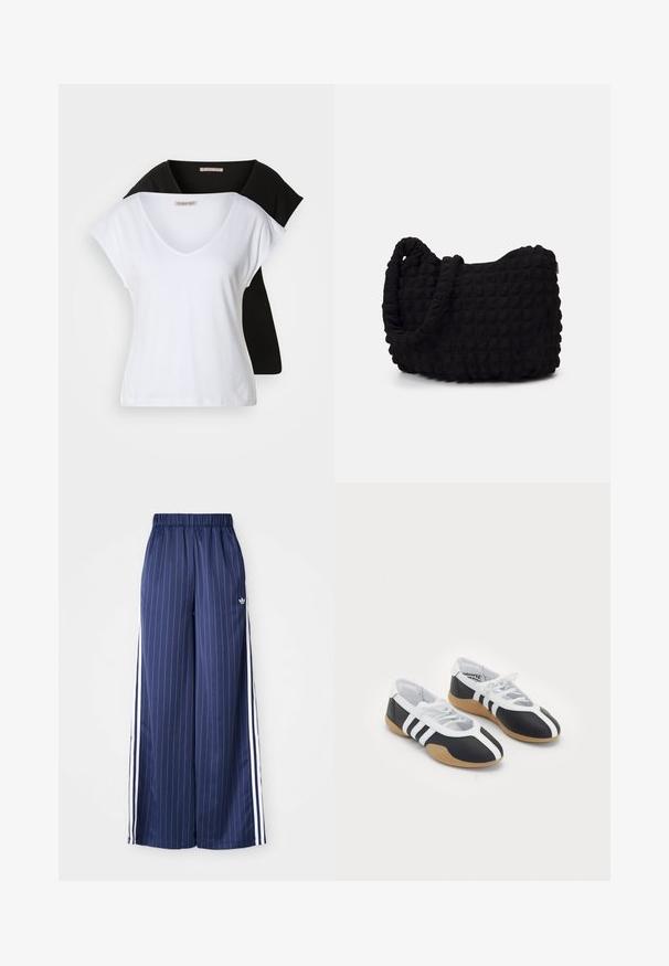 To fitted v-hals t-shirts i hvid og sort, lavet af bomuld. Begge har korte ærmer og en blød, glat tekstur.; Mørkeblå brede bukser med lodrette hvide striber, elastisk talje og tre hvide striber langs hver side, lavet af et let materiale.; Sort-hvide sportsko med et slankt design, gummisål, snørebåndslukning og tre hvide striber på siden.; Sort stofpose med en struktureret, quilted mønster. Rund form, korte, tykke håndtag, og en blød, fleksibel struktur.