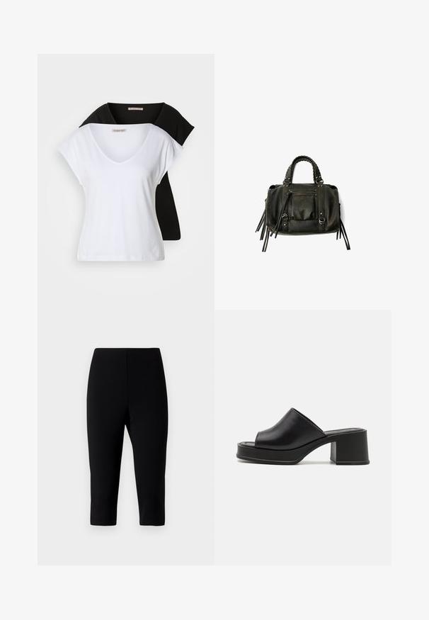 Dvoje pánských triček s véčkovým výstřihem v bílé a černé barvě, vyrobených z bavlny. Obě mají krátké rukávy a jemnou, hladkou texturu.; Černé capri kalhoty vyrobené z elastické látky, s přiléhavým střihem, který končí těsně pod kolenem, s hladkou texturou a bez viditelných švů.; Černé kožené platformové muly s kulatou otevřenou špičkou, nízkým blokovým podpatkem a hladkým povrchem. Minimalistický design s elegantními liniemi.; Černá kožená kabelka s pletenými rukojetmi, kapsou na zip a visícími třásněmi. Texturovaný povrch s kovovými hroty a kovovými akcenty.