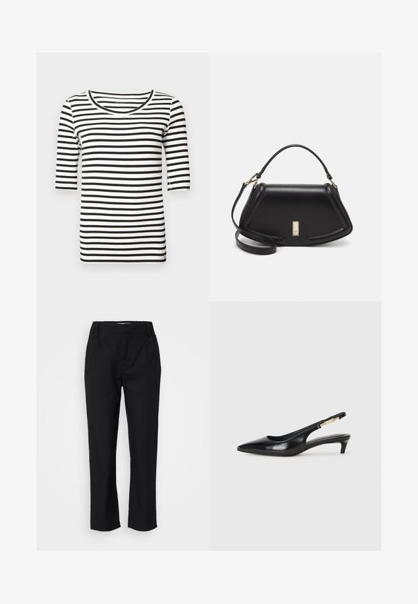 Black and white striped T-shirt with a round neckline and three-quarter length sleeves. Smooth cotton fabric with a fitted design.; Black trousers in a smooth fabric, featuring a straight-leg cut, front pleats, and an elastic waistband for comfort. No visible hardware.; Black leather slingback heels with a pointed toe, featuring a slim heel and a gold-tone accent on the adjustable strap. Smooth texture.; Black leather handbag with a structured design, featuring a cropped shape, top handle, and gold hardware accent. Adjustable shoulder strap included.