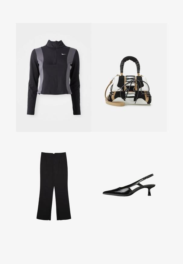 Crni i sivi dugih rukava s visokim izrezom, uskog kroja s Nike logom, sa kontrastnim bočnim panelima i glatkom teksturom.; Crne hlače ravnog kroja, s prednjim džepovima i bočnim prorezima na rubu. Izrađene od mekog i glatkog materijala. Pogodne za razne prigode.; Crne lakirane natikače na remenčić sa špicastim nosom, dizajnom sa izrezima sa strane i malim kvadratnim potplatom. Glatka tekstura s minimalnim akcentima.; Višebojna torba s crnom, bijelom i bež mrežom. Ima teksturiranu ručku, dizajn svezivanja i odvojivi remen za rame.