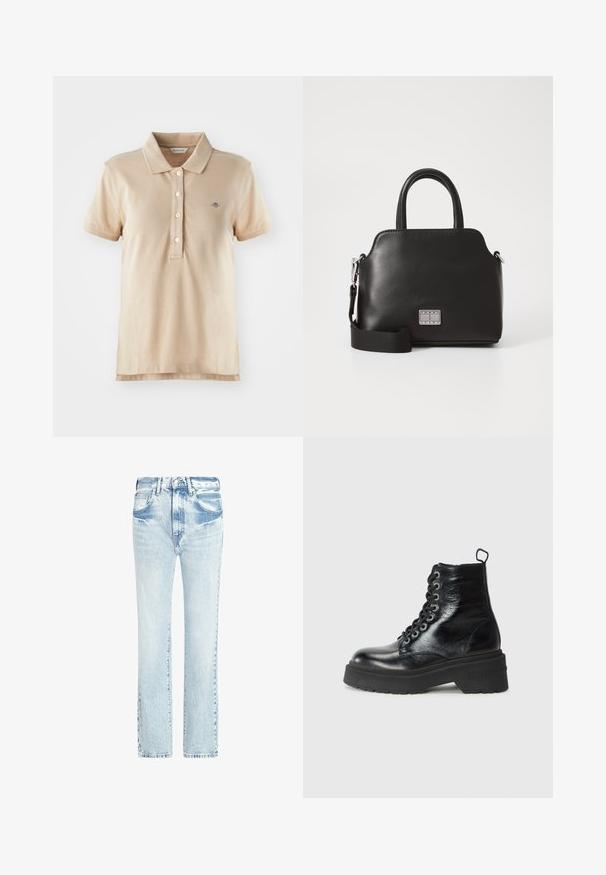 Beige poloskjorte laget av bomull, med klassisk krage, tre knappestolper, korte ermer og en liten brodert logo på brystet.; Lys blå denim jeans med rett ben-design, fem lommer og en falmet tekstur. Har synlig søm og en klassisk knappelukking.; Sorte ankelstøvler med blank finish, med en chunky plattformsåle og snøredesign, som tydelig viser merket "TOMMY."; Svart syntetisk håndveske med topphåndtak, avtakbar skulderstropp, rund form, glatt tekstur og sølvfarget logo aksent på forsiden.