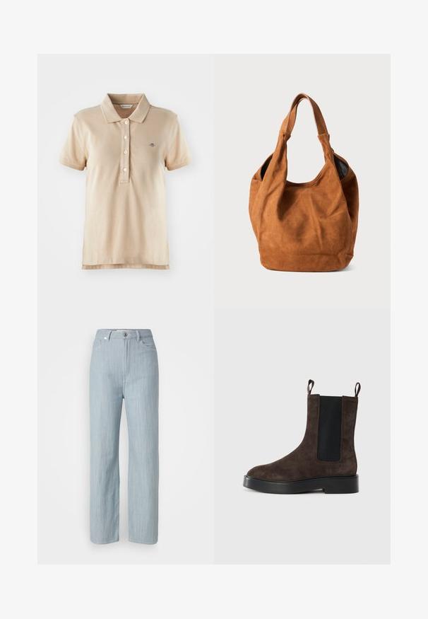 Bežinė polo marškinėlių, pagaminti iš medvilnės, su klasikiniu apykakle, trimis mygtukais, trumpomis rankovėmis ir mažu siuvinėtiniu logotipu krūtinėje.; Šviesiai mėlyni tiesūs džinsai, pagaminti iš džinsinio audinio. Turi penkias kišenes, metalinį mygtuko užsegimą ir subtilų dėmėtumą, suteikiantį tekstūrą.; Rudi zomšiniai auliniai batai su elastingomis šoninėmis panelėmis ir traukimo juostelėmis. Suapvalinta nosis ir masyvus juodas kulnas užtikrina stabilumą.; Rudas zomšinis petinis krepšys su minkštu paviršiumi, išlenkta forma ir dviem rankenomis. Ypatybių sąraše minimalus dizainas be matomų metalinių detalių ar akcentų.