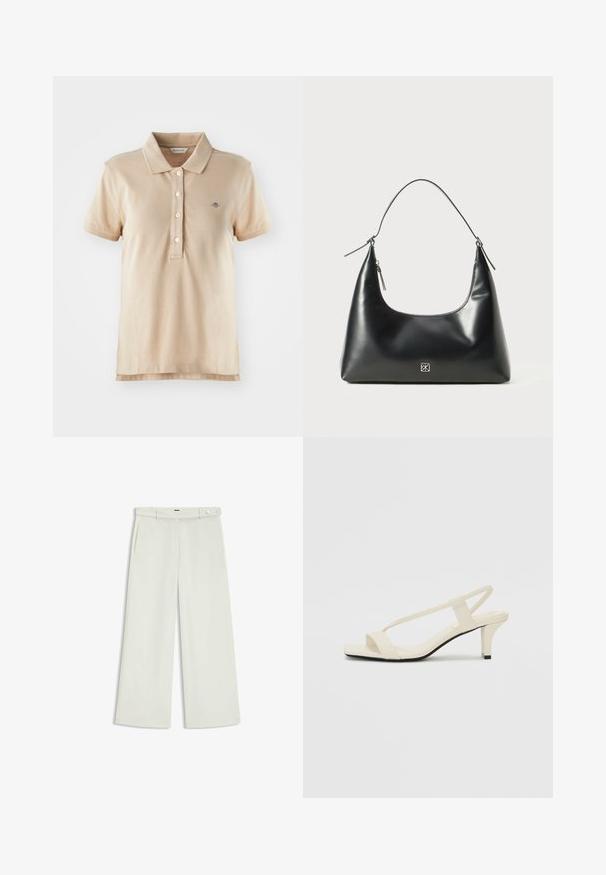 Polo shirt beige terbuat dari katun, dengan kerah klasik, placket tiga kancing, lengan pendek, dan logo kecil yang disulam di dada.; Housut leveillä lahkeilla vaalean kermaisessa kankaassa, jossa on sivutaskut, litteä etuosa ja yksi nappikiinnitys vyötäröllä. Silkkinen pinta.; Beige sandaalit, joissa on loiva korko, ohuet hihnat ja neliönmallinen varvasosa. Sileä materiaali, jossa on minimaalista yksityiskohtaa, suunniteltu helppokäyttöiseksi.; Musta sileä nahkainen olkalaukku, jossa on kaareva yläosa, yksittäinen olkahihna, vetoketjukiinnitys ja pieni hopeinen logo embleemi etukeskellä.