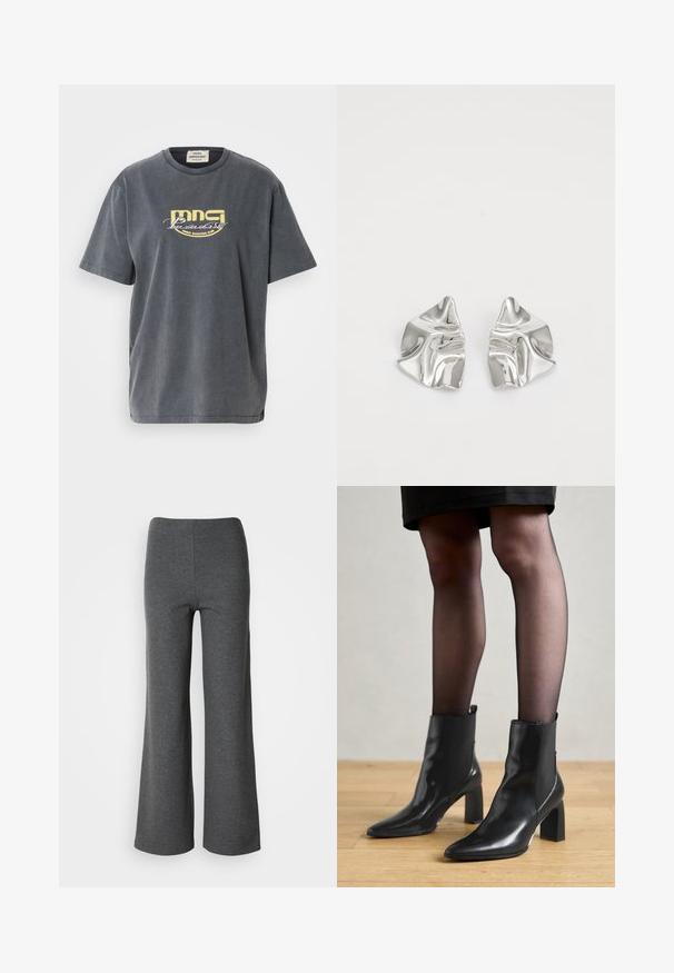 Maglietta grigia in cotone con maniche corte. Presenta una stampa grafica gialla che riporta la scritta "MNG Paradise Disco Dancing Club" sul davanti.; Camicia bianca a maniche lunghe con colletto e taschino sul petto, esposta su uno sfondo semplice.; Pantaloni larghi grigi realizzati in tessuto morbido, caratterizzati da una texture liscia e un design a vita alta senza chiusure visibili.; Stivaletti neri in pelle con punta affusolata, tacco quadrato imponente e design elegante. Dotati di pannelli laterali elasticizzati per una facile vestibilità.; Orecchini in metallo argento con un design ondulato e scultoreo, caratterizzati da una finitura lucida e forme irregolari, che evidenziano un'estetica contemporanea.