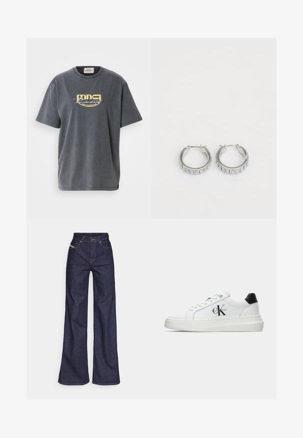 Siva pamučna majica kratkih rukava. Ima žuti grafički print na kojem piše "MNG Paradise Disco Dancing Club" sprijeda.; Tamno plave široke traperice s visokim strukom, izrađene od denim tkanine, s narančastim šavovima, pet džepovima i kopčanjem na dugme.; Bijeli niskotoperani tenisice s crnom petom, platformom, vezicama i "CK" logotipom Calvin Kleina sa strane.; Srebrne naušnice na obruče s teksturiranim dizajnom koji sadrži vertikalne rebra. Okrugli oblik s sigurnim zatvaranjem. Glatka završna obrada.