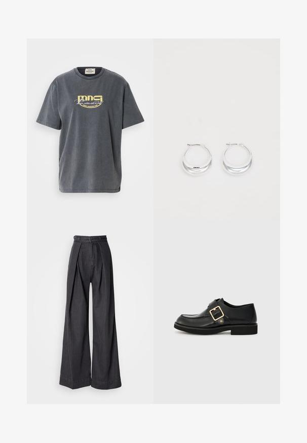 Szürke pamut póló rövid ujjakkal. Az elején egy sárga grafikával, amelyen a "MNG Paradise Disco Dancing Club" felirat olvasható.; Magas derekú, széles lábú fekete farmernadrág, elöl redőkkel és klasszikus cipzárral. Friss, sima textúra tiszta befejezéssel.; Fekete bőr cipő, lekerekített orral, arany csattal és lapos gumitalppal. Simaság jellemzi, szolid varrási részletekkel.; Fényes felületű ezüst karika füli, DKNY márkázással, sima fehér háttér előtt.