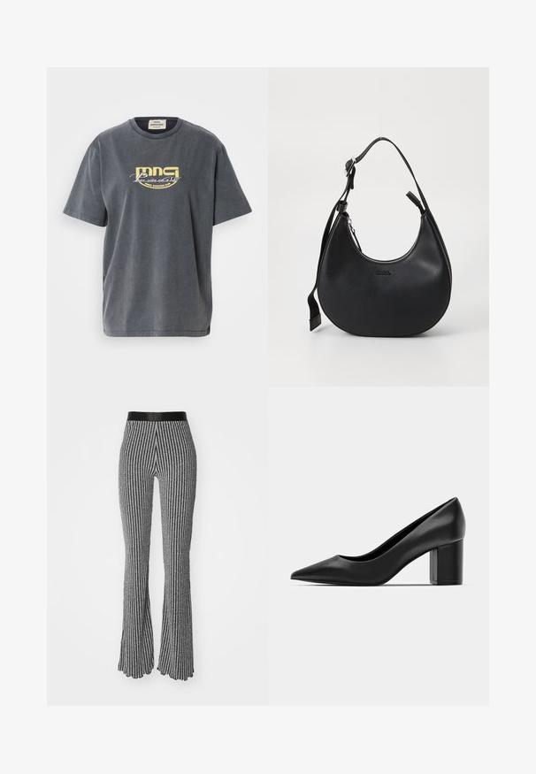 T-shirt en coton gris à manches courtes. Présente un imprimé graphique jaune avec l'inscription "MNG Paradise Disco Dancing Club" sur le devant.; Pantalons évasés en tricot noir et blanc, avec des rayures verticales, une taille ajustée et un tissu texturé légèrement brillant.; Escarpin en cuir noir avec un embout pointu et un talon carré épais. Texture lisse, design simple, adapté aux environnements formels.; Sac à épaule en cuir noir avec une forme arrondie, fermeture à glissière et bandoulière réglable. Présente un logo de marque en relief sur le devant.