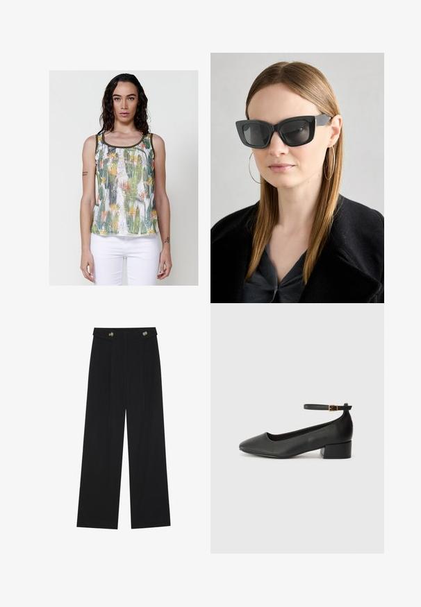 Top sin mangas con estampado floral y lentejuelas, que presenta acentos verdes y naranjas sobre un fondo blanco. Escote redondeado y corte ajustado.; Pantalones de pierna ancha negros con cintura alta, detalles de botones en la cinturilla y pliegues en la parte delantera.; Zapato de tacón negro de cuero con punta afilada y tacón bajo cuadrado. Presenta una correa para el tobillo con una hebilla en tono dorado. Textura suave.; Gafas de sol de gato negro con lentes oscuros, montura gruesa y acentos sutiles. Llevadas con un abrigo negro y una blusa gris, presentando cabello largo y liso.