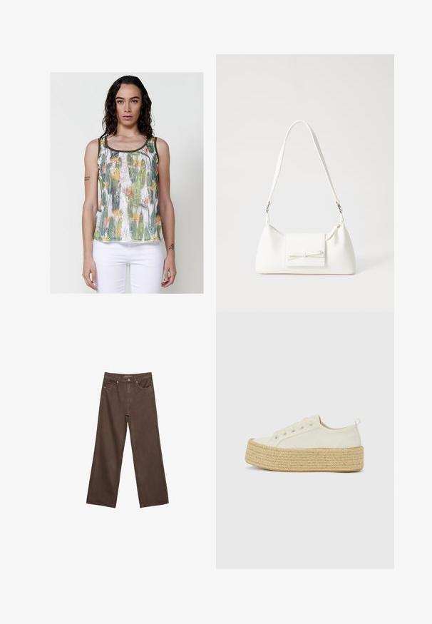 Top senza maniche con stampa floreale e paillettes, caratterizzato da accenti verdi e arancioni su uno sfondo bianco. Collo rotondo e vestibilità aderente.; Jeans a gamba larga marroni in denim, con vita alta, tasche anteriori e chiusura a bottone classica. Tessuto liscio con cuciture sottili.; Sneakers platform in canvas color avorio con suola in juta intrecciata e testurizzata. Presentano occhielli metallici e lacci piatti. Design con punta arrotondata.; Borsa sintetica bianca a forma triangolare, con patta anteriore piatta e dettaglio a fiocco, tracolla regolabile, texture liscia e design minimalista.