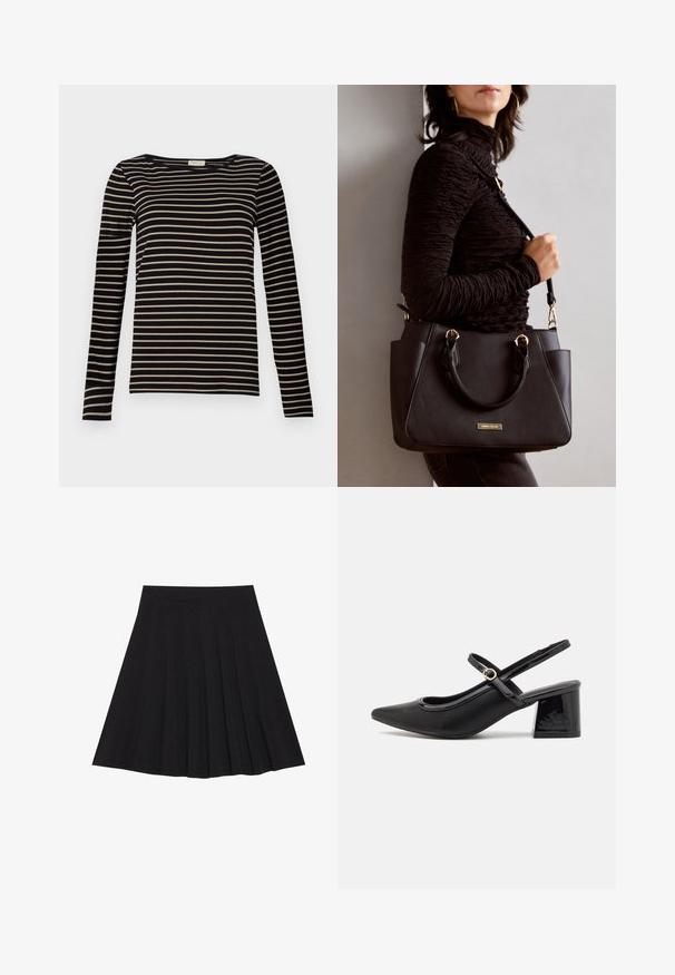 Dugih rukava majica s prugicama, koja se ističe crnim i bež horizontalnim prugama, okruglim izrezom i uskim krojem u mekom materijalu.; Crna plisirana suknja izrađena od teksturiranog materijala s uskim strukom. Pada do koljena, a ima glatku, čistu siluetu.; Crne lakirane slingback visoke potpetice s šiljastim vrhom, zaobljenim izrezom i blok potpeticom. Sadrži akcent zlatnog tona s kopčom.; Crna torba s teksturiranom površinom, dvostrukim gornjim ručkama i podesivom remenom za rame. Ima zlatne metalne detalje i bočne džepove.