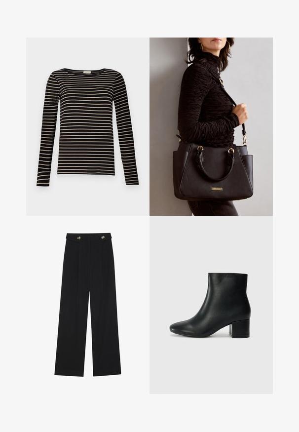 Cămașă cu mâneci lungi și dungi, având dungi orizontale negre și bej, un guler rotund și un design ajustat dintr-un material moale.; Pantaloni negri cu picioare largi, talie înaltă, detalii cu butoane pe talie și pliseuri în față.; Cizme negre din piele până la gleznă, cu vârf ascuțit și toc robust. Textură netedă, cu accente minime și un design elegant, ajustat.; Geantă de umăr neagră cu suprafață texturată, cu două mânere superioare și curea de umăr ajustabilă. Dispune de accesorii metalice de culoare aurie și buzunare laterale.