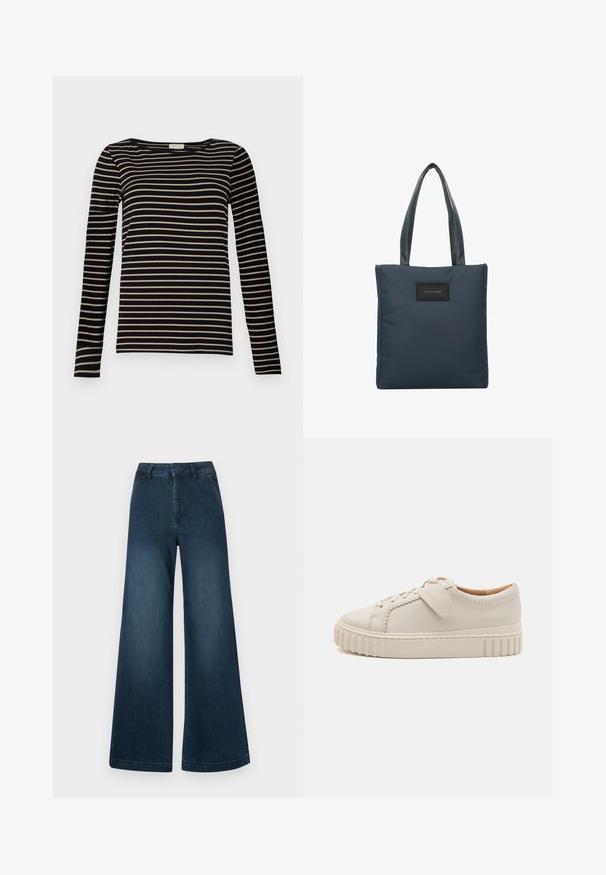 Garās piedurknes svītrainā krekls, ar melnbaltām horizontālām svītrām, apļveida kakla izgriezumu un pieguļošu dizainu no mīksta auduma.; Tumši zili augsta jostasvietā plaša kāju džinsi ar priekšējām kabatām un jostu cilpiņām uz balta fona.; Baltas ādas tenisa kurpes ar teksturētu purngalu, savilkta apdare un viļņota gumijas zole. Iekļauta zīmola birka sānos.; Tumši zilā pleca soma, kas izgatavota no gludas neilona, ar divām teksturētām rokturiem un melnu taisnstūrveida logotipa plāksni priekšā.