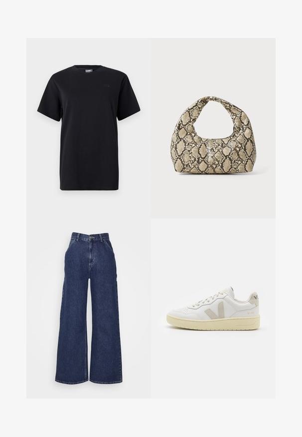 Černé bavlněné tričko s kulatým výstřihem, krátkými rukávy a jemným logem na levé hrudi. Hladká textura a pohodlný střih.; Široké denimové džíny v tmavě modré barvě, s vysokým pasem, předními kapsami a zipem s kovovým knoflíkem. Hladká textura a klasický design.; Bílé kožené tenisky s béžovými semišovými akcenty, perforovanou špičkou, plochými tkaničkami a strukturovanou krémovou podešví. Obsahují jemné logo na patě.; Kabelka s hadím vzorem a zakřiveným držadlem. Vyrobena z texturovaných béžových a hnědých materiálů, s charakteristickým diamantovým vzorem.