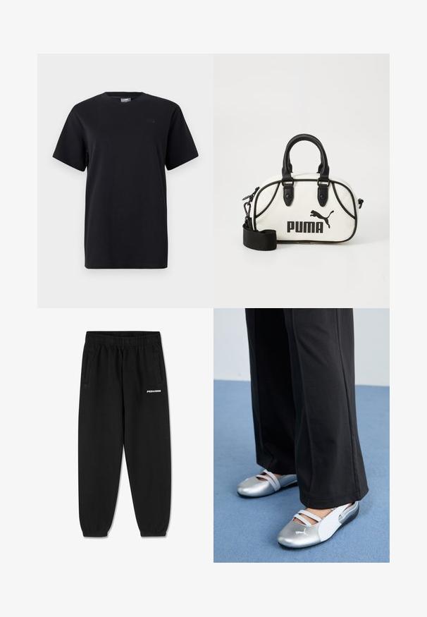 Juodas medvilninis marškinėlis su apvaliu iškirpimu, trumpomis rankovėmis ir subtiliu logotipo akcentu kairėje krūtinės pusėje. Lygus paviršius ir laisvas siluetas.; Juodos sportinės kelnės, pagamintos iš minkštos medžiagos, su raišteliu juosmenyje, siaurėjančiomis kojomis ir šoninėmis kišenėmis. Priekyje yra baltas "PEGADOR" logotipas.; Sidabrinės ir baltos plokščios bateliai su kryžminiais dirželiais ir tekstūruotu raštu, derinami su laisvais juodais kelniais. Fonas - mėlyna grindų danga.; Balta rankinė su juodais akcentais, su Puma logotipu. Trumpi, apvalūs rankenėlės ir nuimamas diržas, pagaminta iš tekstūruotos sintetinės medžiagos.