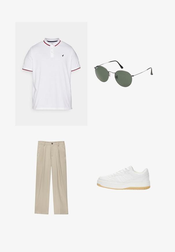 Tricou polo alb cu guler, placket cu trei nasturi, accente în dungi roșii și bleumarin pe mâneci și un mic logo negru pe piept.; Pantaloni bej cu croi drept, dotati cu un singur nasture negru, bucle pentru centură și buzunare laterale. Textură de țesătură netedă și design minimal.; Sneaker alb din piele cu o finisare texturată, având o talpă din cauciuc, un design cu șireturi și accente subtile sub formă de dungi pe laturi.; Ochelari de soare cu ramă metalică, dotati cu lentile ovale verzi. Ramă subțire din metal argintiu și ușițe negre. Design minimalist, fără logo-uri vizibile.