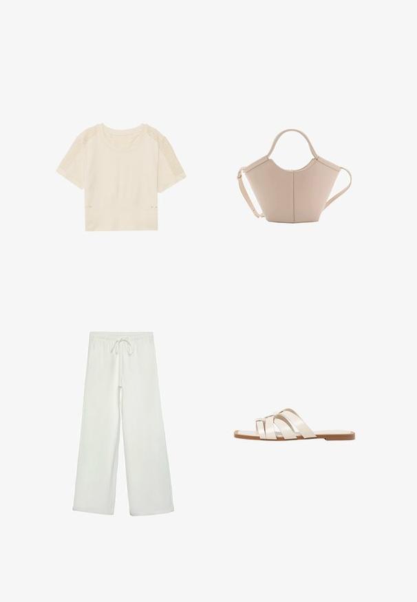 Vaaleanbeige lyhythihainen cropped t-paita. Sisältää verkkokankaisia teksturoituja paneeleita olkapäissä ja ribbausvyön, jossa on kaksi pientä kultasävyistä yksityiskohtaa.; Valkoiset leveälahkeiset housut pehmeästä kankaasta. Varustettu joustavalla vyötäröllä ja nyörillä sekä sileällä pinnalla. Ei näkyviä kuvioita tai tarvikkeita.; Tason vaaleanruskealla kumipohjalla, jossa on kolme päällekkäistä valkoista nahkaremmiä ja pieni satiininen rusetti keskellä.; Vaaleanbeige nahkainen käsilaukku, jossa on ainutlaatuinen muoto, varustettuna kahdella lyhyellä kahvalla ja yhdellä pitkällä säädettävällä hihnalla. Sujuva pinta ja vähän metalliosia.