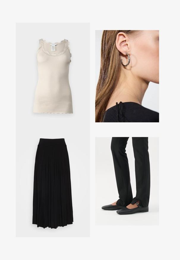 Raižytas kreminės spalvos marškinėlis su nėriniu apvalkalu aplink iškirptę ir pečius, pasižymintis lygiu paviršiumi ir prigludusia forma.; Juodas plisuotas sijonas su aukštu, tampri juosta. Pagamintas iš minkštos medžiagos, turi vertikalias plisėles, sukuriantis laisvą siluetą.; Juodų odinių balerinų batų su smailiu priekiu, juostele su sidabro sagtimi, derinami su juodomis pritaikytomis kelnėmis, turinčiomis plyšinį hemą.; Sidabrinė lankinė auskarai su poliruotu paviršiumi, turintys mažus auksinius akcentus ir apvalią formą, dėvimi ant ausies kaušelio.