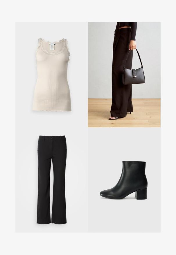 Ribidega beež särk pitsäärtega kaelaaugu ja õlgade ümber, sujuva tekstuuriga ja istuva disainiga.; Mustad puuvillasegu püksid sirge lõikega, ees nupuga kinnitamine ja kaks külge taskut. Sile tekstuur, nähtavaid mustreid ei ole.; Mustad nahast pahkluu saapad terava varbaga ja jämeda kandaga. Sile tekstuur minimaalse aktsentidega ja stiilne, lihvitud disain.; Must musta kott, millel on struktureeritud kuju, sile tekstuur ja metallist klamber. Kombineeritud laiate mustade pükstega ja avatud varvaste sandaalidega puidust põrandal.